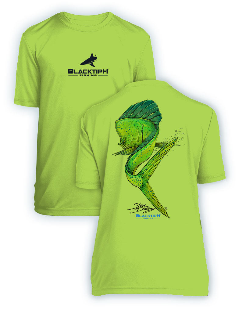 BlacktipH Youth Performance Short Sleeve Mahi Swim Featuring Steve Diossy Art in 100% Polyester