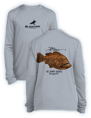 BlacktipH Youth Performance Long Sleeve Grumpy Grouper Featuring Steve Diossy Art in 100% Polyester