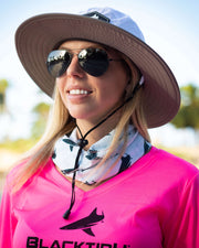 Female Model wearing BlacktipH White Bucket Fishing Hat with Rubber Patch