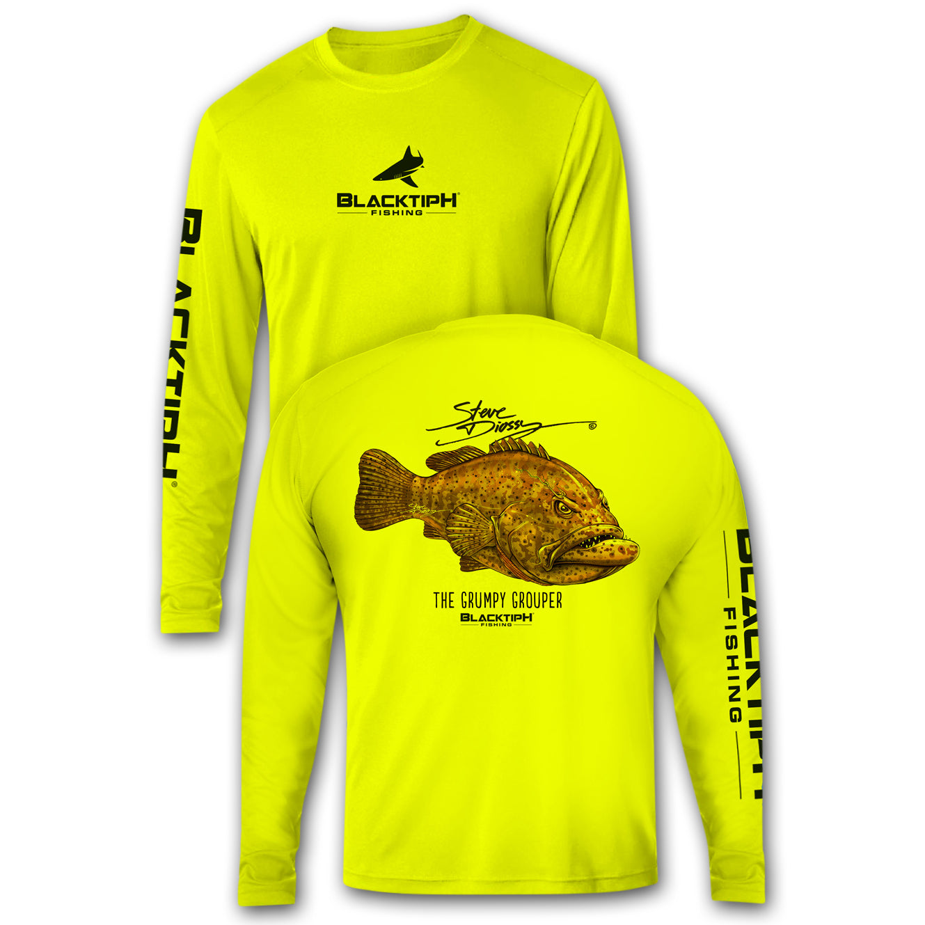 BlacktipH Performance Shirt Long Sleeve Grumpy Grouper Featuring Steve Diossy Art with UPF 50+ Protection