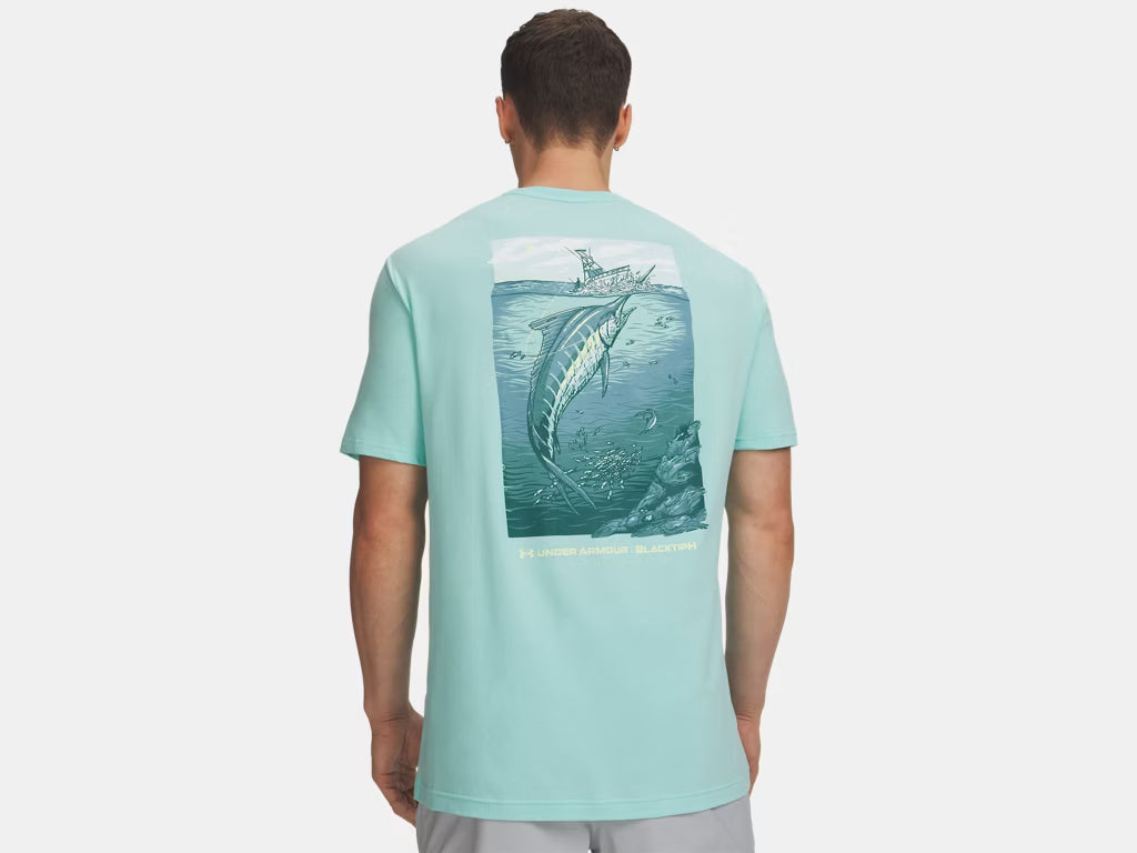 Under Armour x BlacktipH Men's Fish Species Marlin Graphic Shirt Back - Neo Turquoise - BlacktipH