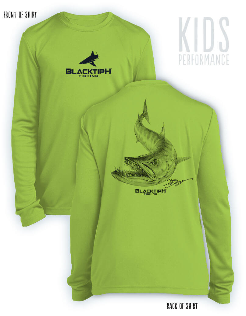 BlacktipH Barracuda Youth with Polyblend Fabric Long Sleeve Shirt - ft. Steve Diossy Art, Large Youth / Lime Shock