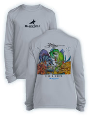 BlacktipH Youth Performance Long Sleeve Fish N Chips Featuring Steve Diossy Art in 100% Polyester