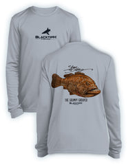 BlacktipH Youth Performance Long Sleeve Grumpy Grouper Featuring Steve Diossy Art in 100% POLYESTER, Small Youth / White