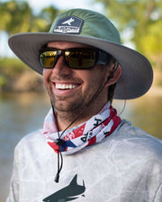 Joshua Jorgensen wearing BlacktipH White Bucket Fishing Hat with Rubber Patch